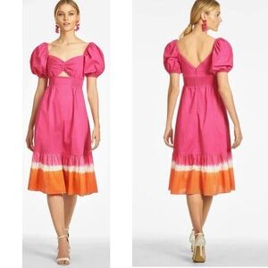 Sachin + Babi Bri Dress Puff Sleeve Summer Midi Tie Dye Fuchsia Orange Size 4